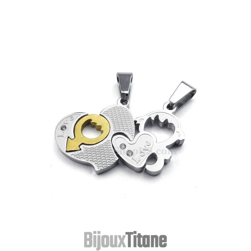 Collier Pendentif Couple Deux Cœurs En Titane (Chaîne Offerte) (Une Paire)