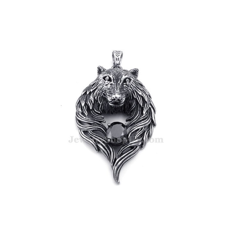 Collier Avec Pendentif Loup En Titane Et Zircon Noir (Chaîne Offerte)