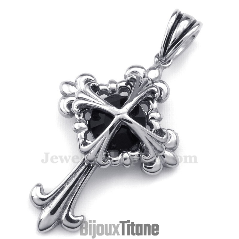 Collier Avec Pendentif Croix En Forme De Fleur En Titane Et Zircon Noir (Chaîne Offerte) Collier Avec Pendentif Croix En Forme De Fleur En Titane Et Zircon Noir (Chaîne Offerte)