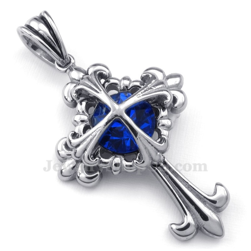 Collier Avec Pendentif Croix En Forme De Fleur En Titane Et Zircon Bleu (Chaîne Offerte) Collier Avec Pendentif Croix En Forme De Fleur En Titane Et Zircon Bleu (Chaîne Offerte)