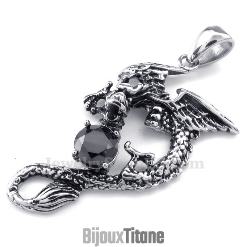 Collier Avec Pendentif Ptérosaure En Titane Et Zircon Noir (Chaîne Offerte)