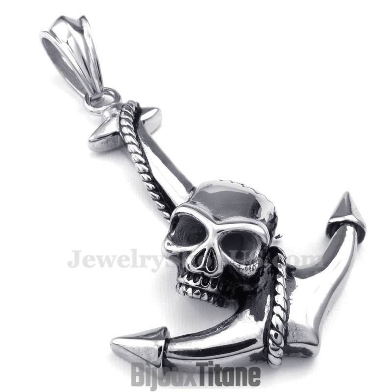 Collier Pendentif Ancre Tête De Mort En Titane (Chaîne Gratuite)