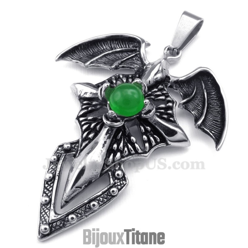 Collier Pendentif Ptérosaure En Titane Avec Perles Vertes (Chaîne Offerte) Collier Pendentif Ptérosaure En Titane Avec Perles Vertes (Chaîne Offerte)