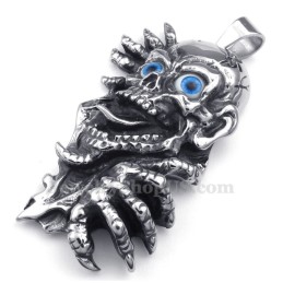 Collier Pendentif Tête De Mort Aux Yeux Bleus En Titane (Chaîne Offerte)