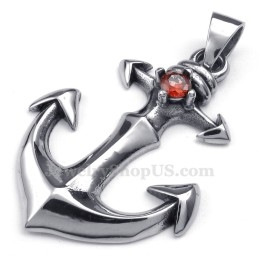 Collier Pendentif Ancre En Titane Et Zircon Rouge (Chaîne Offerte)