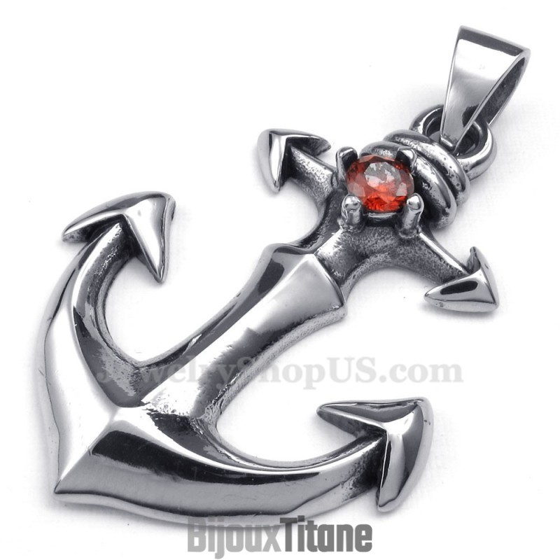 Collier Pendentif Ancre En Titane Et Zircon Rouge (Chaîne Offerte)