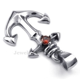 Collier Pendentif Ancre En Titane Et Zircon Rouge (Chaîne Offerte)