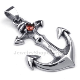 Collier Pendentif Ancre En Titane Et Zircon Rouge (Chaîne Offerte)