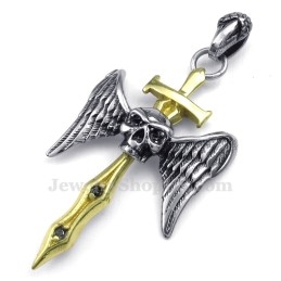 Collier Avec Pendentif Croix Et Tête De Mort En Titane Et Épée Dorée (Chaîne Offerte)
