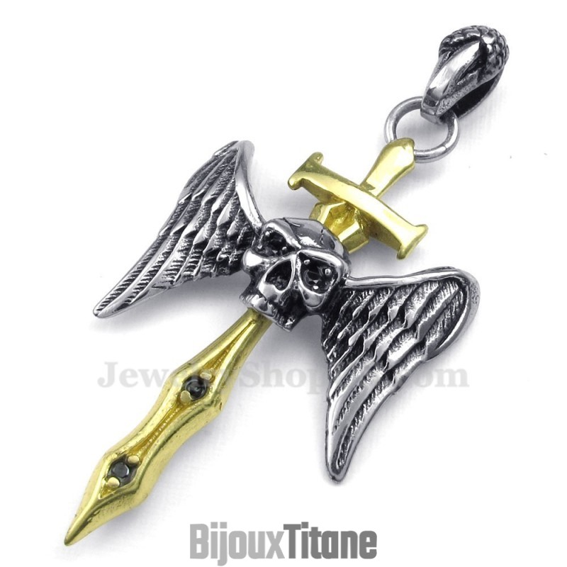 Collier Avec Pendentif Croix Et Tête De Mort En Titane Et Épée Dorée (Chaîne Offerte) Collier Avec Pendentif Croix Et Tête De Mort En Titane Et Épée Dorée (Chaîne Offerte)