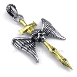 Collier Avec Pendentif Croix Et Tête De Mort En Titane Et Épée Dorée (Chaîne Offerte)