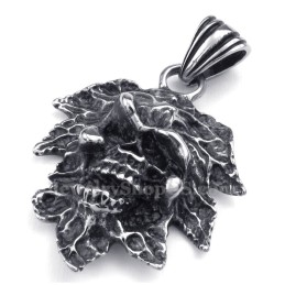Collier Avec Pendentif Tête De Mort En Titane Et Feuille D'Arbre (Chaîne Offerte)