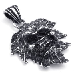 Collier Avec Pendentif Tête De Mort En Titane Et Feuille D'Arbre (Chaîne Offerte)