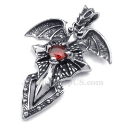Collier Pendentif Ptérosaure En Titane Et Zircon Rouge (Chaîne Offerte)
