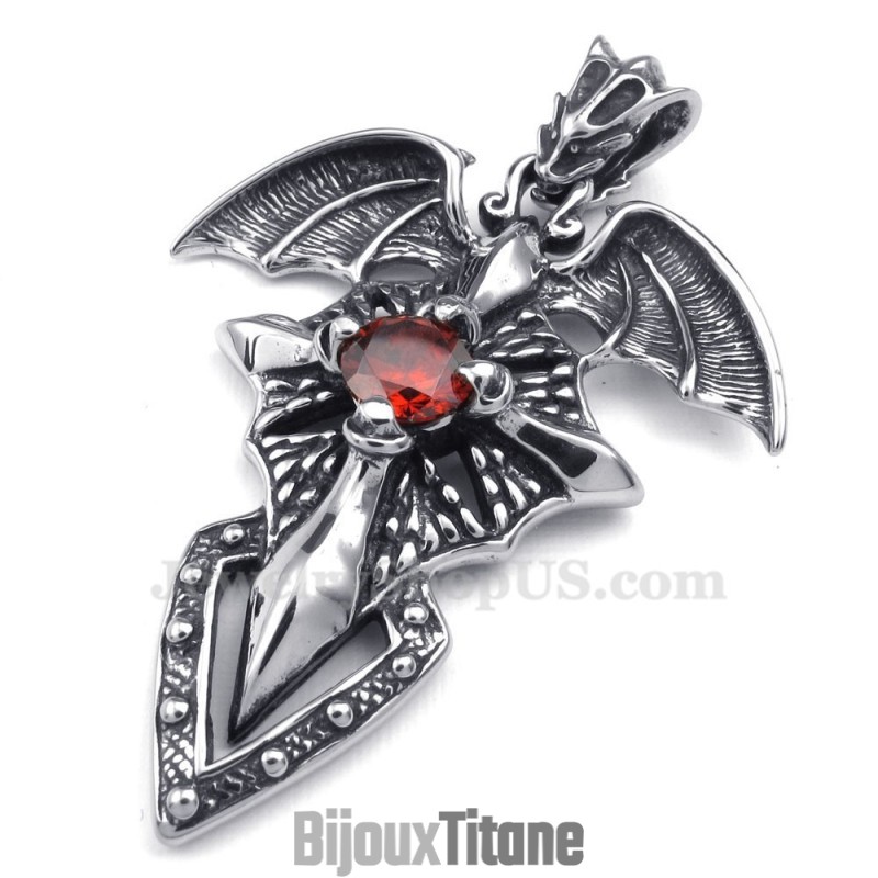 Collier Pendentif Ptérosaure En Titane Et Zircon Rouge (Chaîne Offerte) Collier Pendentif Ptérosaure En Titane Et Zircon Rouge (Chaîne Offerte)