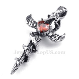 Collier Avec Pendentif Croix En Titane Et Ailes D'Épée En Zircon Rouge (Chaîne Offerte)