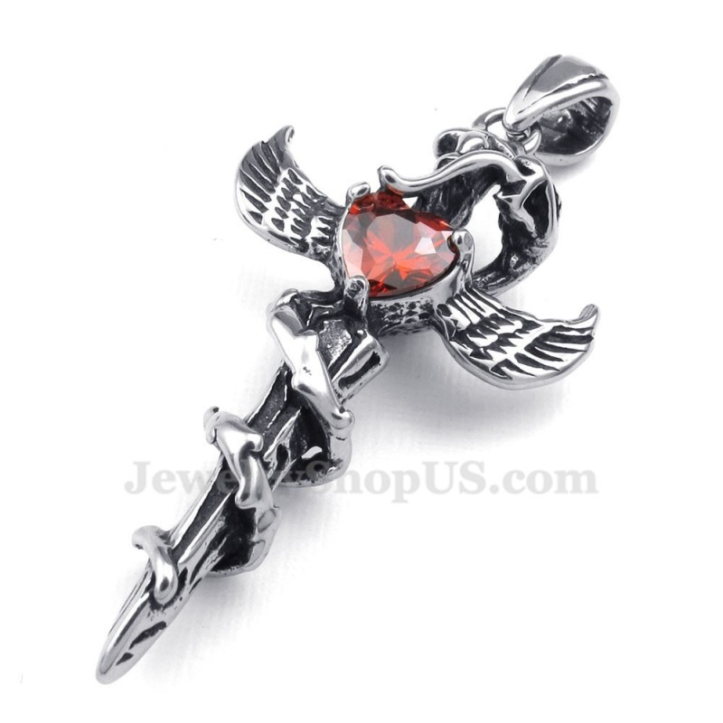 Collier Avec Pendentif Croix En Titane Et Ailes D'Épée En Zircon Rouge (Chaîne Offerte) Collier Avec Pendentif Croix En Titane Et Ailes D'Épée En Zircon Rouge (Chaîne Offerte)