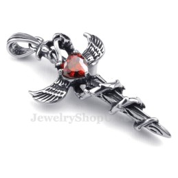 Collier Avec Pendentif Croix En Titane Et Ailes D'Épée En Zircon Rouge (Chaîne Offerte)