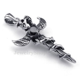 Collier Avec Pendentif Croix En Titane Et Ailes D'Épée En Zircon Noir (Chaîne Offerte)