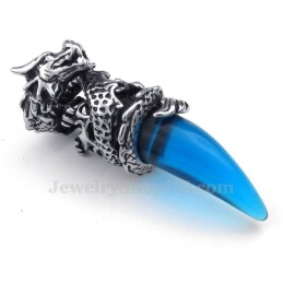 Collier Pendentif Dent De Dragon En Titane Bleu (Chaîne Gratuite)