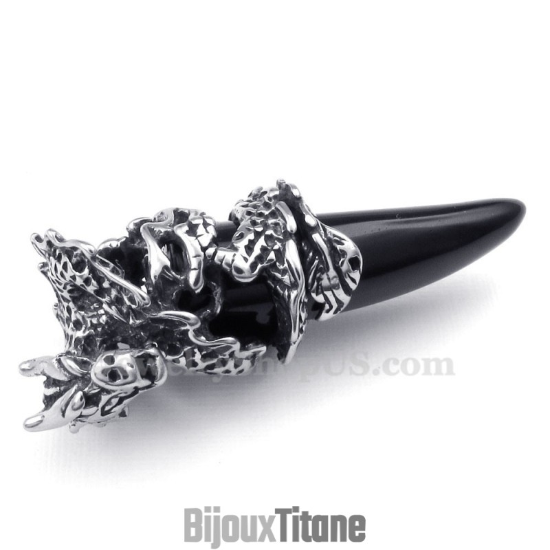 Collier Pendentif Dent De Dragon En Titane Noir (Chaîne Gratuite)