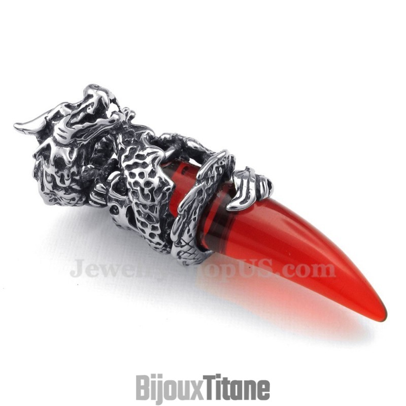 Collier Pendentif Dent De Dragon En Titane Rouge (Chaîne Gratuite)