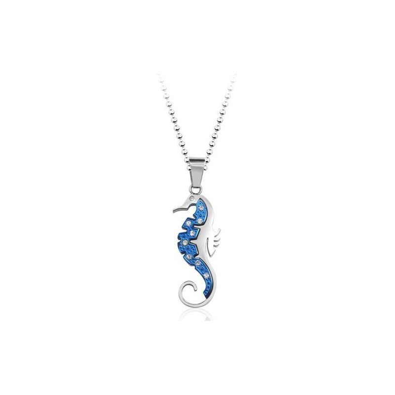 Pendentif Hippocampe Kaup Bleu En Titane Avec Diamants - Chaîne Offerte