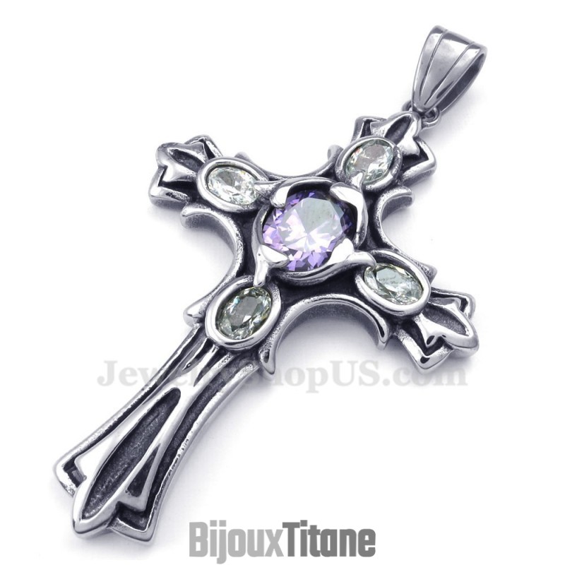 Collier Avec Pendentif Croix En Titane Et Zircon Violet (Chaîne Offerte) Collier Avec Pendentif Croix En Titane Et Zircon Violet (Chaîne Offerte)