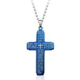 Pendentif Croix En Titane Bible Bleue - Chaîne Offerte