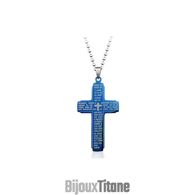 Pendentif Croix En Titane Bible Bleue - Chaîne Offerte Pendentif Croix En Titane Bible Bleue - Chaîne Offerte