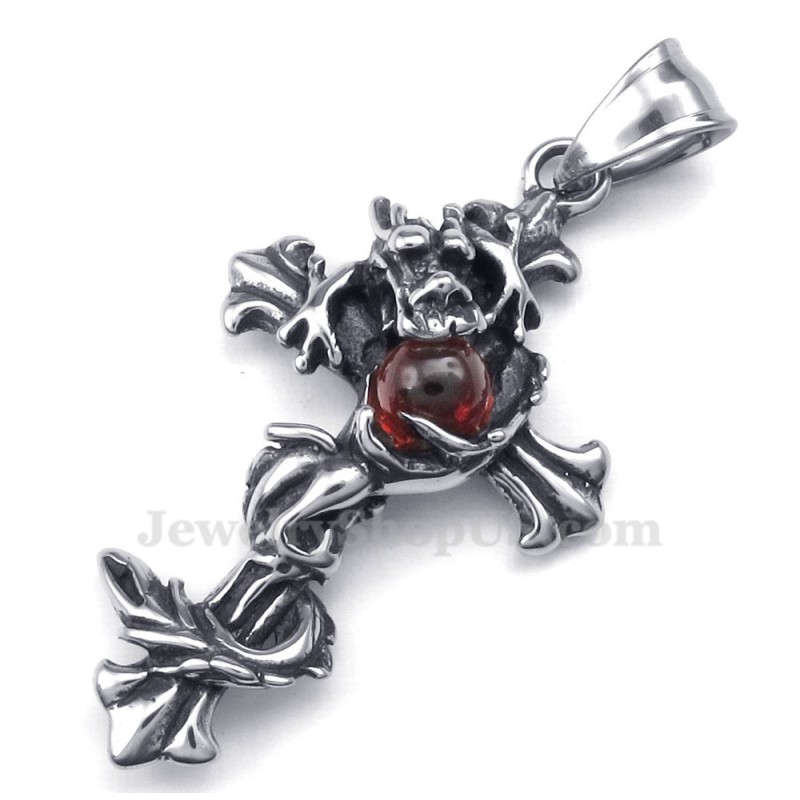 Collier Pendentif Croix En Titane Avec Perles Rouges Et Dragon (Chaîne Offerte)