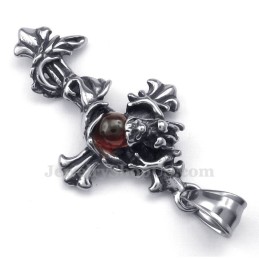 Collier Pendentif Croix En Titane Avec Perles Rouges Et Dragon (Chaîne Offerte)