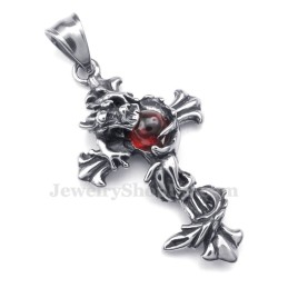 Collier Pendentif Croix En Titane Avec Perles Rouges Et Dragon (Chaîne Offerte)