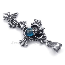 Collier Avec Pendentif Croix En Titane Et Perles Bleues Dragon (Chaîne Offerte)