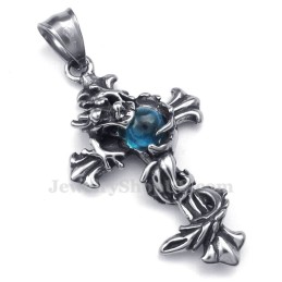Collier Avec Pendentif Croix En Titane Et Perles Bleues Dragon (Chaîne Offerte)