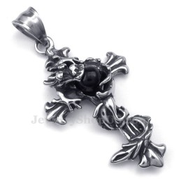 Collier Avec Pendentif Croix En Titane Et Perles Noires De Dragon (Chaîne Offerte)