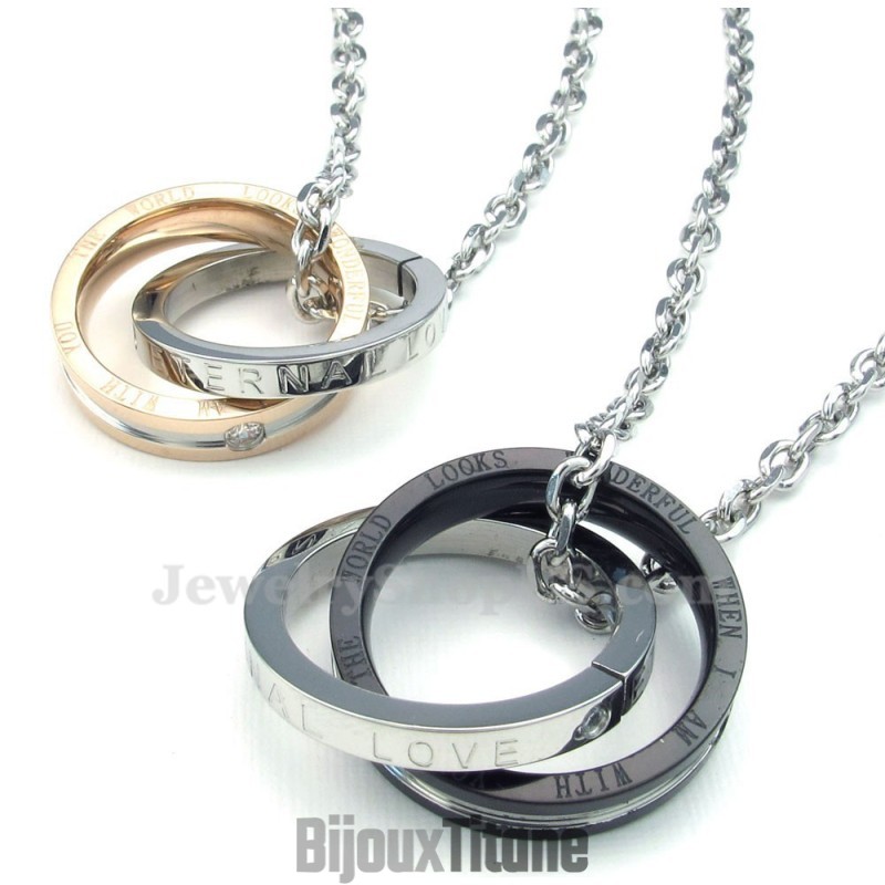 Collier Avec Pendentif En Titane Pour Couple, Cercles Entrelacés (Chaîne Offerte) (Une Paire) Collier Avec Pendentif En Titane Pour Couple, Cercles Entrelacés (Chaîne Offerte) (Une Paire)