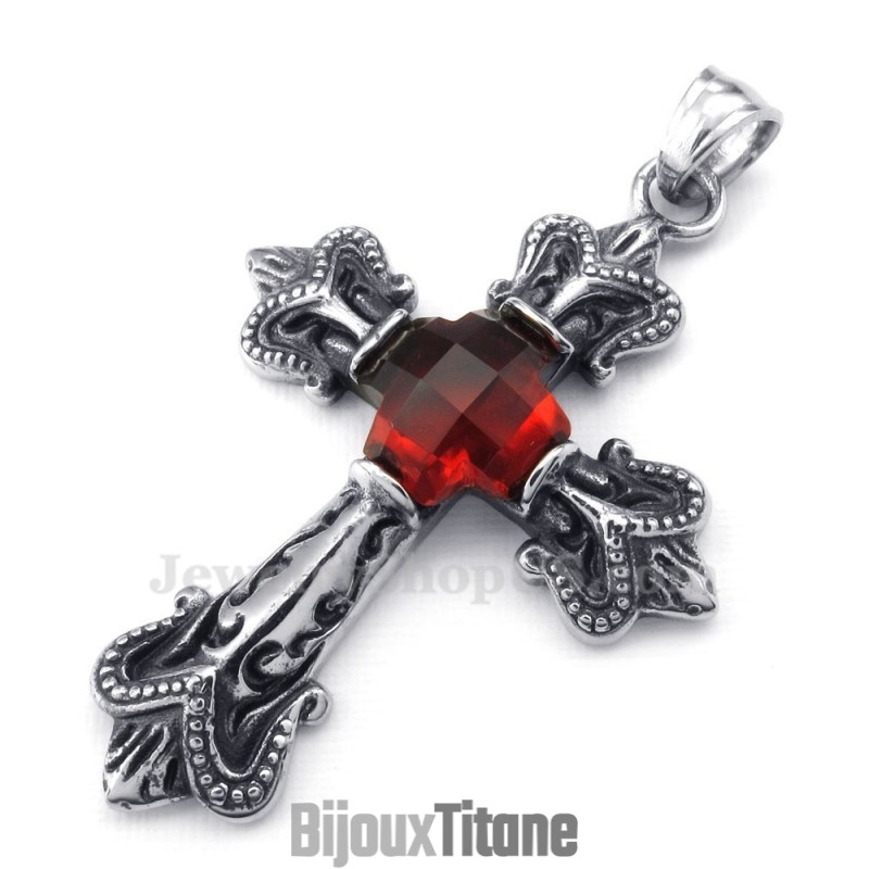 Collier Pendentif Croix En Titane Et Zircon Rouge (Chaîne Offerte) Collier Pendentif Croix En Titane Et Zircon Rouge (Chaîne Offerte)