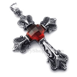 Collier Pendentif Croix En Titane Et Zircon Rouge (Chaîne Offerte)