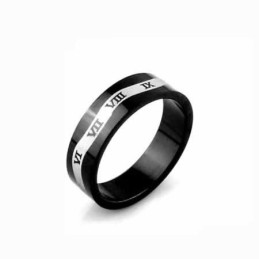 Bague Homme En Titane Noir Avec Chiffres Romains Et Vagues (6 Mm)