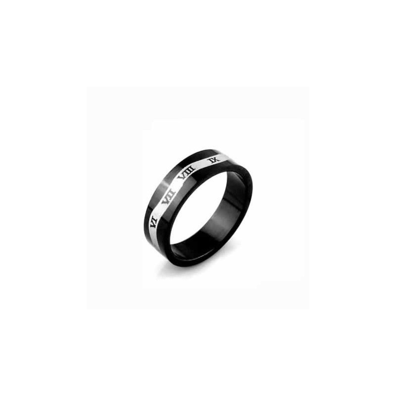 Bague Homme En Titane Noir Avec Chiffres Romains Et Vagues (6 Mm) Bague Homme En Titane Noir Avec Chiffres Romains Et Vagues (6 Mm)