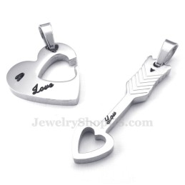 Collier Avec Pendentif En Forme De Cœur Et De Flèche Cupidon En Titane Et Argent (Chaîne Offerte) (Une Paire)