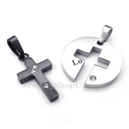 Collier Avec Pendentif Croix Noire En Titane Pour Couple (Chaîne Offerte) (Une Paire)