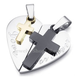 Collier Avec Pendentif En Titane En Forme De Cœur Et Double Croix (Chaîne Offerte) (Une Paire)