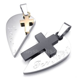 Collier Avec Pendentif En Titane En Forme De Cœur Et Double Croix (Chaîne Offerte) (Une Paire)