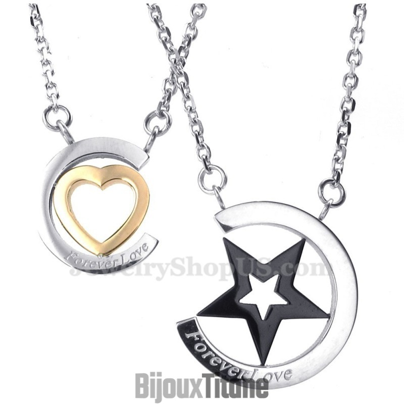 Collier Avec Pendentif Couple En Titane Avec Cœurs Et Étoiles (Chaîne Offerte) (Une Paire) Collier Avec Pendentif Couple En Titane Avec Cœurs Et Étoiles (Chaîne Offerte) (Une Paire)