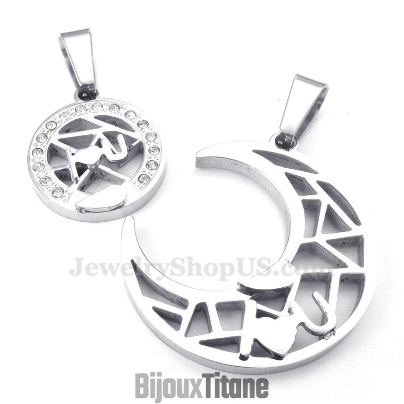 Collier Avec Pendentif Lune Et Étoiles En Titane Et Argent (Chaîne Offerte) (Une Paire)