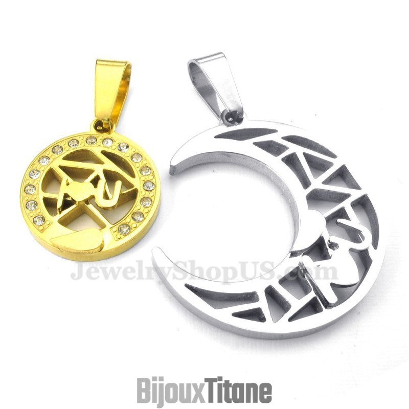 Collier Avec Pendentif Lune Et Étoiles En Titane Et Or (Chaîne Offerte) (Une Paire) Collier Avec Pendentif Lune Et Étoiles En Titane Et Or (Chaîne Offerte) (Une Paire)