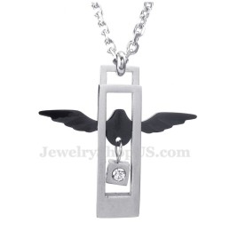 Collier Pendentif Couple En Titane Avec Ailes Et Cœurs (Chaîne Offerte) (Une Paire)