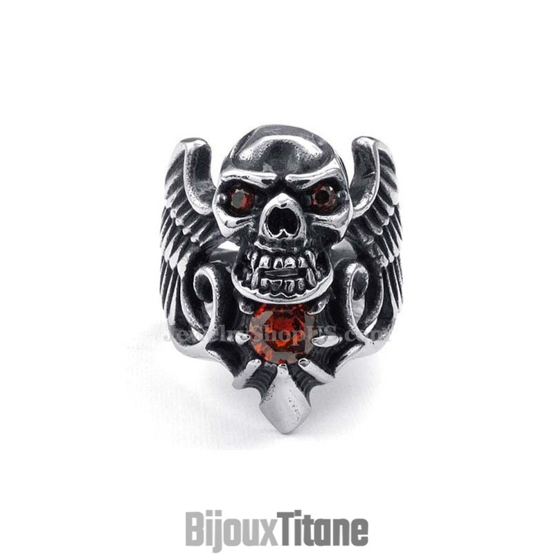 Bague Aile De Crâne En Titane Avec Zircon Rouge